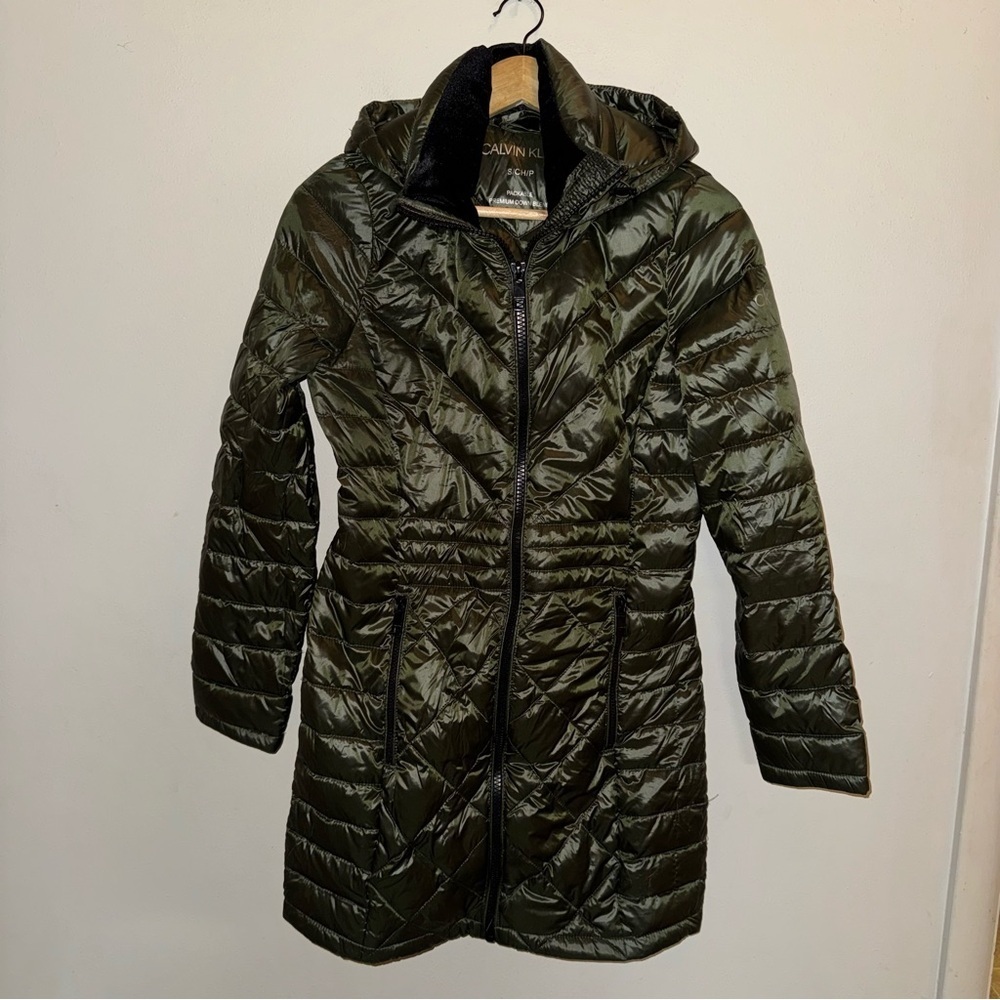 Calvin Klein Packable Down Hooded Olive Green Puffer Coat Women’s Size Small